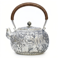 wholesale Pure 999 Fine Silver Exquisite Hand-Engraved Silver Teapot with Intricate Floral Peony Patterns and Woven Handle - Handicraft-undefined