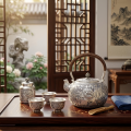wholesale Pure 999 Fine Silver Exquisite Hand-Engraved Silver Teapot with Intricate Floral Peony Patterns and Woven Handle - Handicraft-0-2
