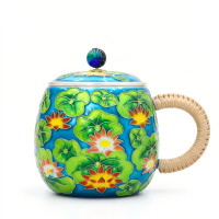 wholesale Pure 999 Fine Silver Vibrant Blue Enamel Lotus Flower Mug with Rattan Handle and Jeweled Lid - Handicraft-undefined