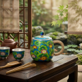 wholesale Pure 999 Fine Silver Vibrant Blue Enamel Lotus Flower Mug with Rattan Handle and Jeweled Lid - Handicraft-0-1