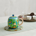 wholesale Pure 999 Fine Silver Vibrant Blue Enamel Lotus Flower Mug with Rattan Handle and Jeweled Lid - Handicraft-0-2