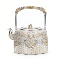 wholesale Pure 999 Fine Silver Ornate Handcrafted Silver Kettle with Intricate Basketweave and Mythical Motifs - Handicraft-undefined