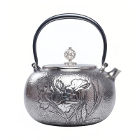 wholesale Pure 999 Fine Silver Handcrafted Hammered Silver Teapot with Intricate Lotus and Dragonfly Engravings - Handicraft-undefined