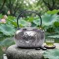 wholesale Pure 999 Fine Silver Handcrafted Hammered Silver Teapot with Intricate Lotus and Dragonfly Engravings - Handicraft-0-1