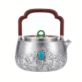wholesale Pure 999 Fine Silver Handcrafted Silver Teapot Featuring Turquoise Gemstone, Green Jade Lid , and Rosewood Handle - Handicraft-0-0