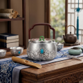 wholesale Pure 999 Fine Silver Handcrafted Silver Teapot Featuring Turquoise Gemstone, Green Jade Lid , and Rosewood Handle - Handicraft-0-2