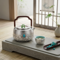wholesale Pure 999 Fine Silver Handcrafted Silver Teapot Featuring Turquoise Gemstone, Green Jade Lid , and Rosewood Handle - Handicraft-0-1