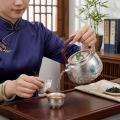 wholesale Pure 999 Fine Silver Handcrafted Silver Teapot Featuring Turquoise Gemstone, Green Jade Lid , and Rosewood Handle - Handicraft-0-3