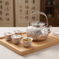 wholesale Pure 999 Silver Dragon Embossed Tea Set with Four Cups and Wooden Tray - Handicraft-0-3