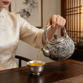 wholesale Pure 999 Fine Silver Hand-Carved Fine Silver Teapot Featuring an Intricate Phoenix Motif and Decorative Filigree Knob - Handicraft-0-2