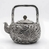 wholesale Pure 999 Fine Silver Hand-Carved Fine Silver Teapot Featuring an Intricate Phoenix Motif and Decorative Filigree Knob - Handicraft-undefined