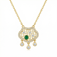 wholesale 925 Sterling Silver Elegant Emerald and Zircon Longevity Lock Pendant Necklace in Delicate Filigree Setting - JewelryODM-undefined