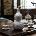 wholesale Pure 999 Fine Silver Ornate Silver-Toned Double Gourd Vessel with Intricate Floral Engravings - Handicraft-0-2