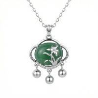 wholesale 925 Sterling Silver Exquisite Sterling Silver Floral Pendant Necklace with Green Jade and Charms - JewelryODM-undefined