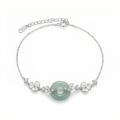 wholesale 925 Sterling Silver Elegant S925 Sterling Silver Bracelet with Green Jade Ring and White Floral Charms - JewelryODM-0-0