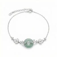 wholesale 925 Sterling Silver Elegant S925 Sterling Silver Bracelet with Green Jade Ring and White Floral Charms - JewelryODM-undefined