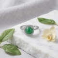 wholesale 925 Sterling Silver Elegant Vibrant Green Jadeite Cabochon Ring with Cushion-Shaped Diamond Halo - JewelryODM-0-2