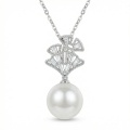 wholesale 925 Sterling Silver Elegant Fan-Design Silver Pendant Necklace with Lustrous White Pearl and Sparkling Accents - JewelryODM-0-0