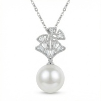 wholesale 925 Sterling Silver Elegant Fan-Design Silver Pendant Necklace with Lustrous White Pearl and Sparkling Accents - JewelryODM-undefined