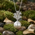 wholesale 925 Sterling Silver Elegant Fan-Design Silver Pendant Necklace with Lustrous White Pearl and Sparkling Accents - JewelryODM-0-1