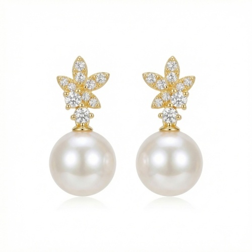 925纯银优雅花朵珍珠吊坠耳环，饰有闪亮点缀