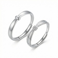 wholesale 925 Sterling Silver Elegant Adjustable Sterling Silver Couple Rings with Matte and Diamond Accents - JewelryODM-undefined