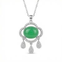 wholesale 925 Sterling Silver Elegant Green Jade Ruyi Pendant Necklace with CZ Accents and Teardrop Charms - JewelryODM-undefined