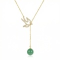 wholesale 925 Sterling Silver Sparkling Zircon Swallow Necklaces Wholesale with Elegant Green Jade Bead Drop - JewelryODM-0-0