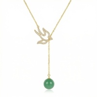 wholesale 925 Sterling Silver Sparkling Zircon Swallow Necklaces Wholesale with Elegant Green Jade Bead Drop - JewelryODM-undefined