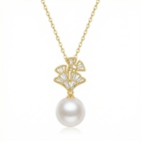 wholesale 925 Sterling Silver Elegant Ginkgo Leaf Inspired Pearl Pendant Necklace with Sparkling Baguette Accents - JewelryODM-undefined