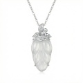 wholesale 925 Sterling Silver Elegant Silver Necklace with Carved White Jade Leaf Pendant and Sparkling Foliage Accents - JewelryODM-0-0