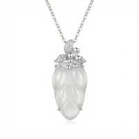 wholesale 925 Sterling Silver Elegant Silver Necklace with Carved White Jade Leaf Pendant and Sparkling Foliage Accents - JewelryODM-undefined