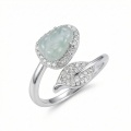 wholesale 925 Sterling Silver Elegant Pear-Shaped Blue Gemstone and Diamond Halo Leaf Bypass Ring - JewelryODM-0-0
