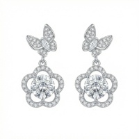 wholesale 925 Sterling Silver Elegant Butterfly and Flower Silver Drop Earrings Wholesale with Sparkling Cubic Zirconia - JewelryODM-undefined