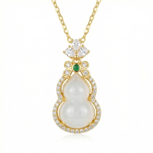 925纯银优雅玉葫芦吊坠项链，镶嵌祖母绿和钻石