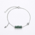 wholesale 925 Sterling Silver Elegant Sterling Silver Bamboo Green Stone Bracelet with Leaf and Coin Charms - JewelryODM-0-0