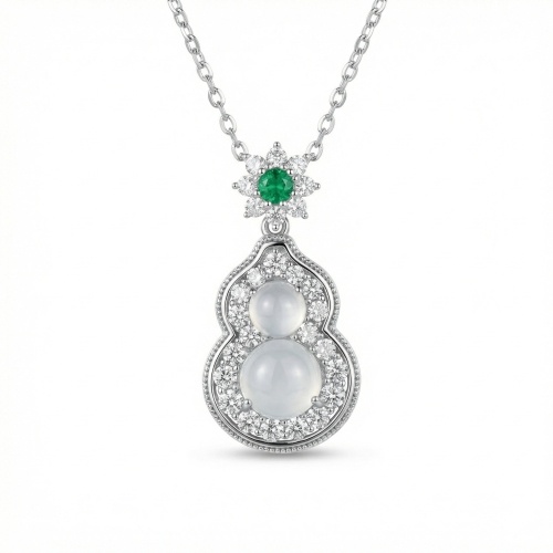925纯银优雅葫芦吊坠项链，镶嵌半透明月光石和绿色祖母绿点缀