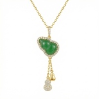 wholesale 925 Sterling Silver Elegant Green Jade Gourd Pendant Necklace with Sparkling CZ Halo and Dangling Charms - JewelryODM-undefined