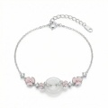 wholesale 925 Sterling Silver Elegant Silver Bracelet Featuring Pink Enamel Flowers and a White Jade Donut Center. - JewelryODM-0-0