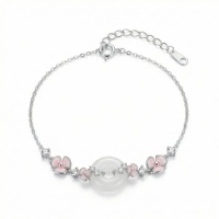 wholesale 925 Sterling Silver Elegant Silver Bracelet Featuring Pink Enamel Flowers and a White Jade Donut Center. - JewelryODM-undefined