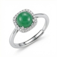 wholesale 925 Sterling Silver Elegant Vibrant Green Jadeite Cabochon Ring with Cushion-Shaped Diamond Halo - JewelryODM-undefined