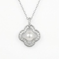 wholesale 925 Sterling Silver Elegant Quatrefoil Pearl and Baguette Zircon Halo Pendant Necklaces Wholesale - JewelryODM-0-0