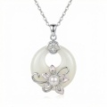 wholesale 925 Sterling Silver Elegant White Jade Circle Pendant Necklace with Pearl Flower Accent - JewelryODM-0-0