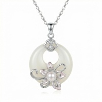 wholesale 925 Sterling Silver Elegant White Jade Circle Pendant Necklace with Pearl Flower Accent - JewelryODM-undefined