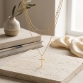 wholesale 925 Sterling Silver Gold Plated Layered Cross Pendant Necklace Beaded Chain Jewelry-0-2