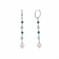wholesale 925 Sterling Silver Elegant  Hoop Earrings with Turquoise, Crystal, and Pearl Drops-undefined