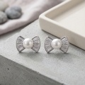 wholesale 925 Sterling Silver Bow Pearl Cubic Zirconia Stud Earrings For Women-0-2