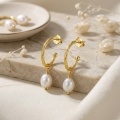 wholesale 925 Sterling Silver Elegant Textured C-Hoop Earrings Featuring White Baroque Pearl Pendants Sterling Silver Jewelry-0-2