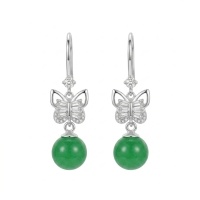 wholesale 925 Sterling Silver Butterfly Drop Earrings With Zirconia And Green Jade Bead For Women-undefined