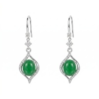 wholesale 925 Sterling Silver Elegant Sterling Silver Green Jadeite Cabochon Dangle Earrings with Sparkling Accents-undefined